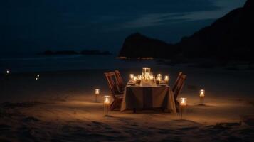 romantique a la chandelle dîner sur une isolé plage avec doux sables. ai génératif photo