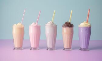 assortiment de Milk-shake sur pastel Contexte. ai génératif photo