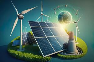 renouvelable énergie Contexte avec vert énergie comme vent turbines et solaire panneaux. vert énergie concept énergie sources durable écologie éléments génératif ai photo