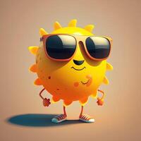 collection de content, souriant, joyeux dessin animé style Soleil personnages pour été, vacances conception. dessin animé Soleil personnage portant des lunettes de soleil. génératif ai photo