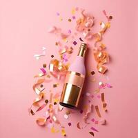 d'or Champagne bouteille avec confettis étoiles et fête banderoles. ai génératif photo
