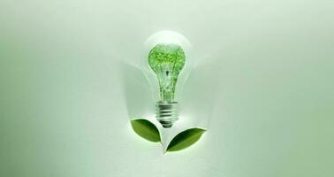 vert énergie concepts. sans fil lumière ampoule avec vert feuille comme signe de lumière sur. carbone neutre et émission ,esg pour nettoyer énergie. durable ressources, renouvelable et environnement se soucier photo