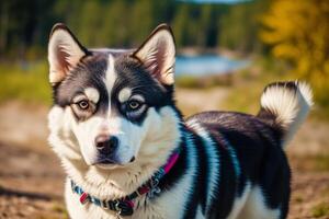 portrait de une magnifique alaskan rauque chien dans le parc. sibérien rauque chien avec bleu yeux dans hiver forêt. génératif ai photo