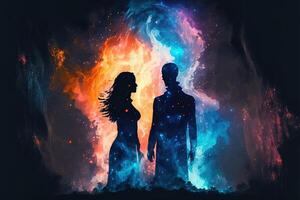 homme et femme silhouettes à abstrait cosmique Contexte. Humain âmes couple dans l'amour. astral corps, ésotérique et spirituel la vie concept génératif ai photo