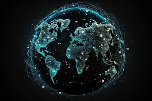 global carte de le monde, le Terre la communication les technologies avec l'Internet effet. futuriste moderne génératif ai photo