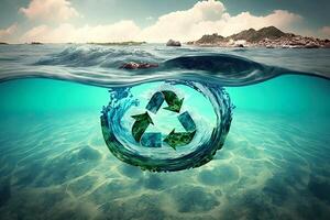 recycler symbole dans le océan. génératif ai vert énergie concept, non plus poubelle et Plastique dans mer. enregistrer le océan de ordures. protéger le océans et mers. éco Puissance photo