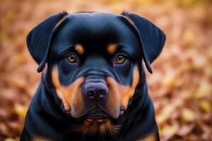 rotweiler. portrait de une magnifique rottweiler chien en jouant dans le parc. génératif ai photo