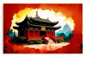 chinois ancien temple. numérique peinture..aquarelle peindre. numérique art, génératif ai photo
