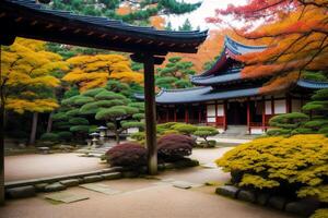 Japonais temple dans printemps avec épanouissement Cerise arbre. numérique peinture..aquarelle peindre. numérique art, génératif ai photo