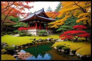 Japonais temple dans printemps avec épanouissement Cerise arbre. numérique peinture..aquarelle peindre. numérique art, génératif ai photo