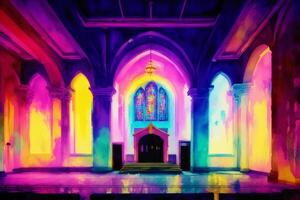 intérieur de une église avec coloré coloré verre les fenêtres. numérique peinture.aquarelle peindre. numérique art, génératif ai photo