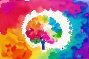 une aquarelle La peinture de une arbre avec une arc en ciel sur il. une coloré La peinture de une cerveau. aquarelle peindre. numérique art, génératif ai photo