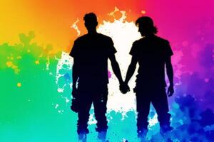fierté mois. une coloré illustration de deux Hommes en portant mains. gay couple dépenses temps ensemble. lgbtq. génératif ai photo