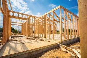 Nouveau maison construction. en bois Cadre avec charpente, Publier et poutres. génératif ai photo