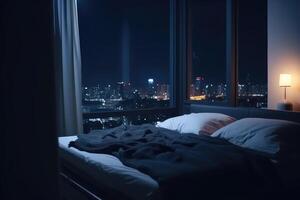 grand lit dans vivant pièce avec nuit ville vue dans la fenêtre. génératif ai photo