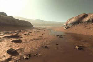 rouge planète paysage avec l'eau dans sol. Mars la colonisation. génératif ai photo
