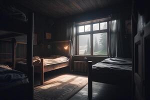 intérieur de en bois chalet dans montagnes. génératif ai photo