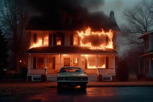 brûlant maison dans banlieue. Résidentiel maison dans Feu. génératif ai photo