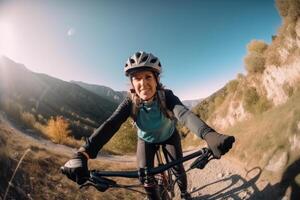 professionnel cycliste dans protecteur casque les trains sur Montagne route. génératif ai photo