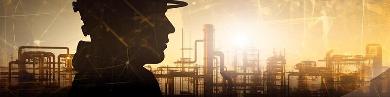 silhouette de industriel ouvrier avec pétrole raffinerie plante comme Contexte. génératif ai photo
