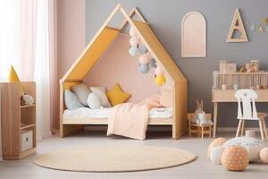 intérieur de confortable chambre pour les enfants dans scandinave style. génératif ai photo