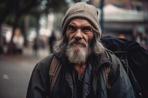 sans abri homme portrait. vieilli barbu homme. génératif ai photo