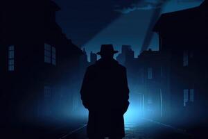 silhouette de homme dans vieux façonné chapeau et manteau à nuit rue. génératif ai photo