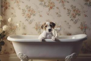 la lessive animal de compagnie. mignonne chien dans une baignoire avec shampooing mousse. génératif ai photo