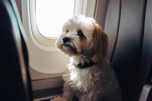 chien près fenêtre sur planche un avion en voyageant avec animaux domestiques. génératif ai photo