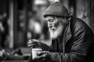 sans abri homme portrait. vieilli barbu homme. génératif ai photo