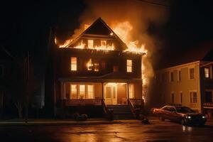 brûlant maison dans le nuit. Résidentiel maison dans Feu. génératif ai photo