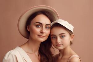 mère et fille portrait sur rose Contexte. génératif ai photo