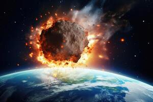 astéroïde chutes sur planète, vue de espace. météorite brûlant dans atmosphère. génératif ai photo