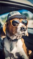 marrant beagle chien dans des lunettes de soleil dans le été séance dans le voiture, animaux domestiques, du repos avec animaux, la vie avec animaux. ai généré photo