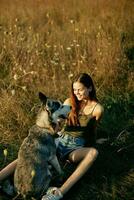 femme séance dans une champ avec une teckel chien souriant tandis que dépenses temps dans la nature avec une ami chien dans l'automne à le coucher du soleil photo