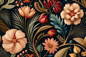 magnifique Contexte avec hibiscus fleurs et feuilles génératif ai photo