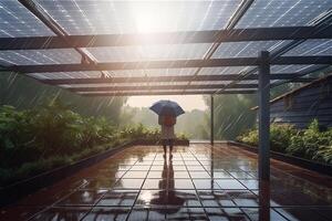 arrière vue de homme avec parapluie en dessous de solaire panneaux toit dans pluie. génératif ai. photo