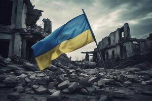 ukrainien drapeau sur libéré ruines de ville. guerre dans Ukraine, la victoire concept. génératif ai. photo