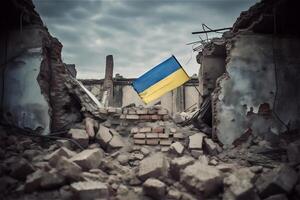 ukrainien drapeau sur libéré ruines de ville. guerre dans Ukraine, la victoire concept. génératif ai. photo