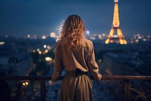 une fois dans Paris. retour de femme dans nuit contre Eiffel la tour. génératif ai. photo