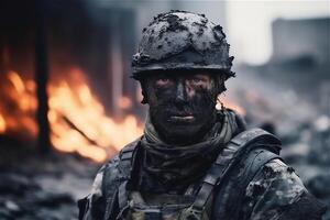 portrait de blessés soldat avec le sien visage dans le boue, contre ville sur Feu dans guerre. génératif ai. photo