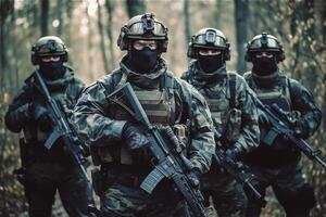 portrait de militaire Hommes sur bois. une groupe de soldats à forêt. guerre opérations, spécial les forces. génératif ai. photo