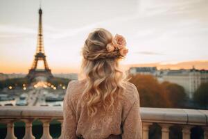 une fois dans Paris. retour magnifique svelte élégant fille avec longue blond cheveux avec fleurs contre Eiffel la tour. génératif ai. photo