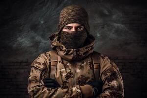 portrait de militaire homme. soldat sur Contexte. spécial les forces. génératif ai. photo