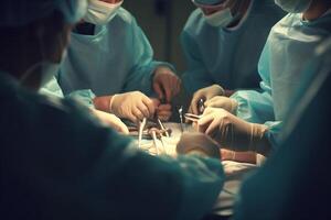 proche en haut mains de équipe chirurgien travail sur en fonctionnement table dans hôpital. génératif ai. photo