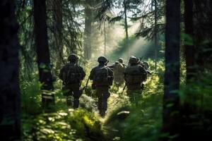 retour de groupe soldats dans Profond forêt. spécial les forces guerre opération. génératif ai. photo