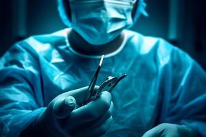 chirurgien détient une scalpel dans un en fonctionnement chambre. chirurgical opérations. génératif ai. photo