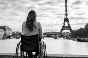 explorant Paris comme une fauteuil roulant utilisateur. retour de désactivée femme à la recherche sur Eiffel la tour. génératif ai. photo