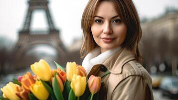 une fois dans Paris. portrait de femme avec tulipes fleurs contre Eiffel la tour. génératif ai. photo