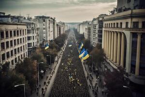 militaire parade après guerre avec Ukraine drapeaux sur ville. la victoire journée. foule de personnes, au dessus voir. génératif ai. photo